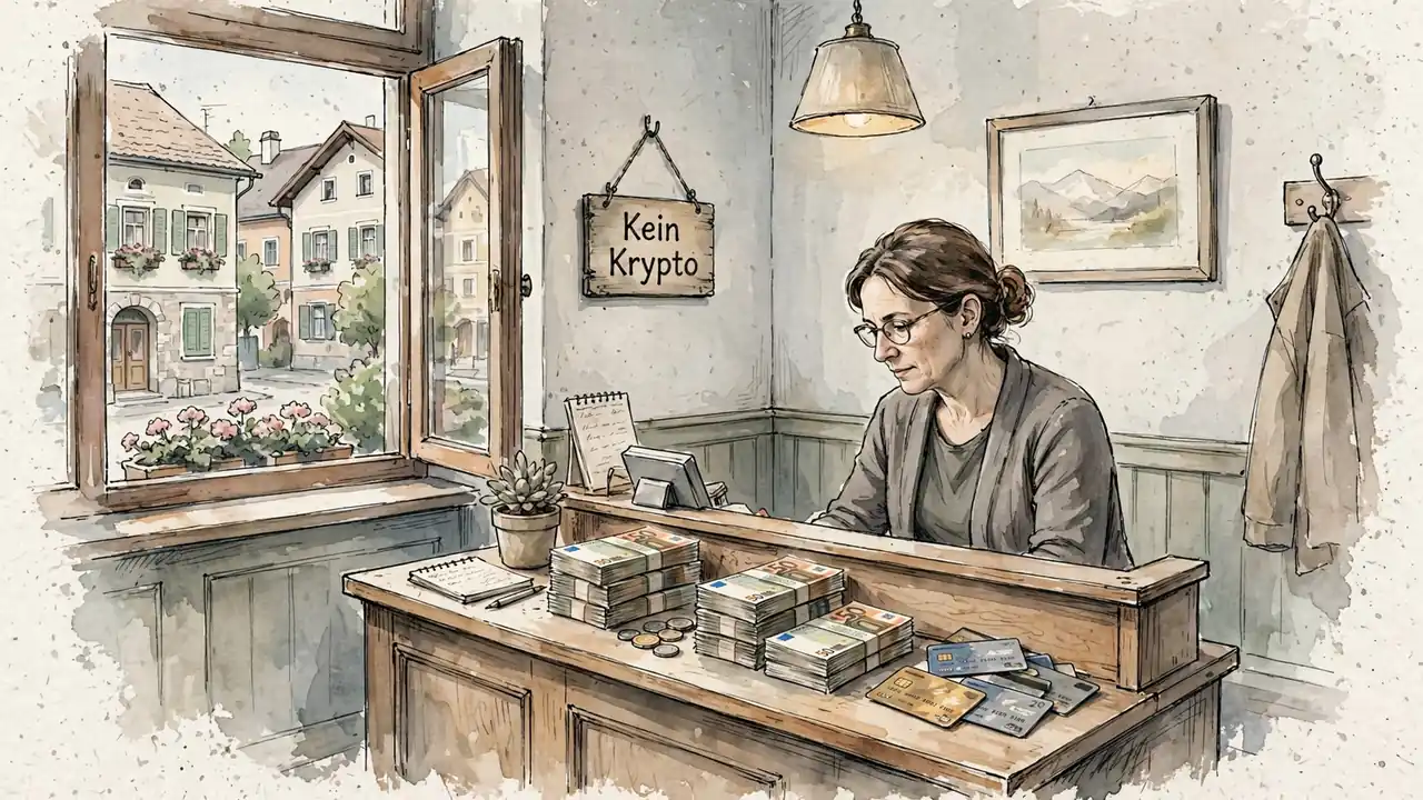 Kassentisch mit Bargeld, Karte und Hinweis 'Keine Krypto'
