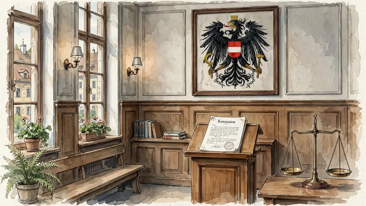 Gerichtssaal mit österreichischem Wappen und Konzessionsdokument
